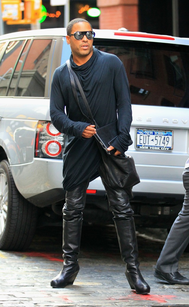 Lenny Kravitz wears leather pants and high heel boots in NYC