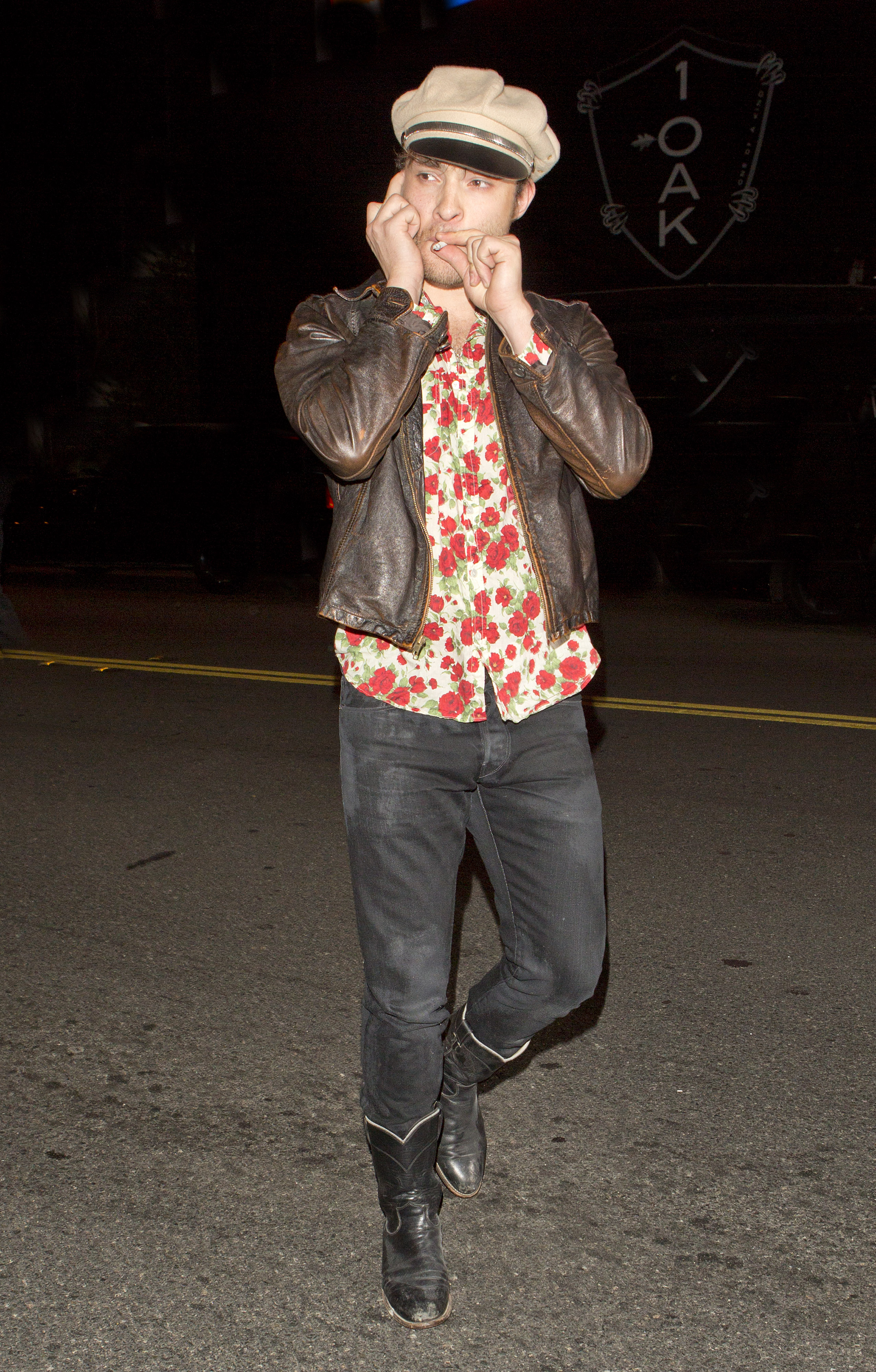 British Actor Ed Westwick form 'Gossip Girl' was seen as he puffed on a cigarette leaving '1 Oak' Night Club in West Hollywood, CA