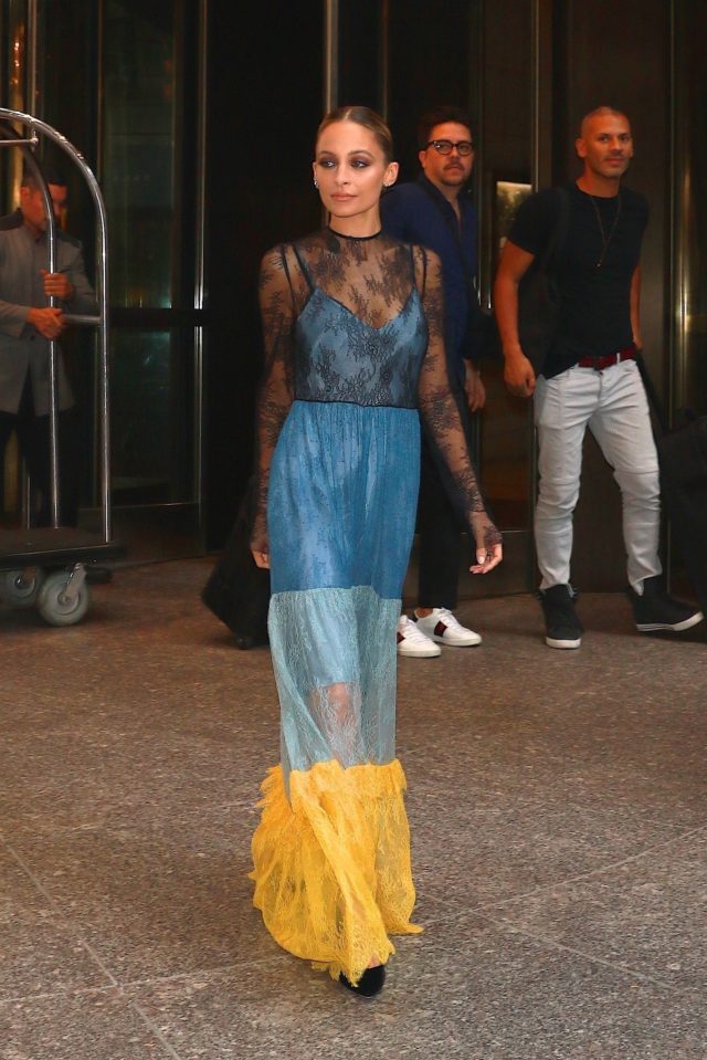 Nicole Richie steps out in a multi-colored lace dress in New York
