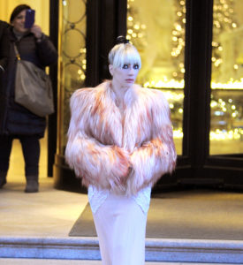 Lady Gaga Leaves her Hotel in a Fur Jacket and Evening Gown