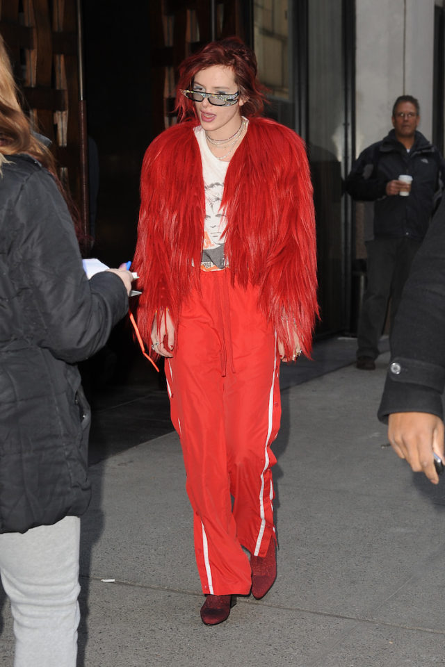 Bella Thorne in a Hairy Red Jacket and Mod Sun Leave Their Hotel