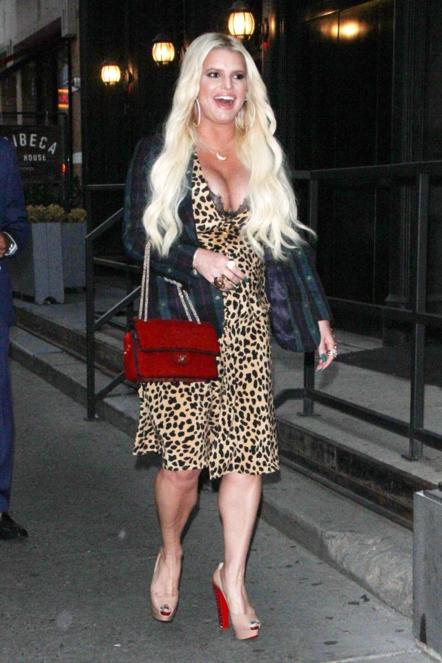 Jessica Simpson in Leopard Print Dress and Paid Jacket