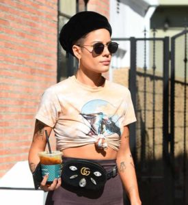 Halsey is all style as she picks up coffee wearing a Gucci belt bag and beret