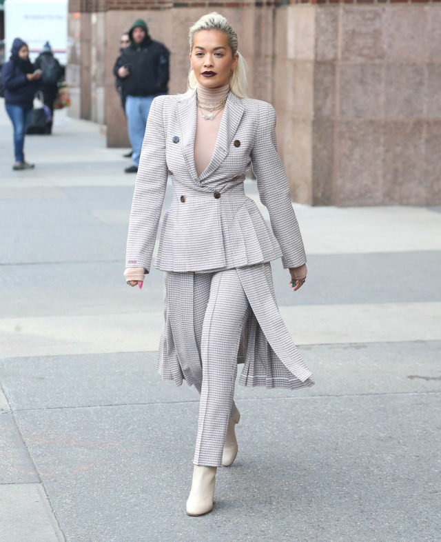 Rita Ora Steps out in a Chic Plaid Suit