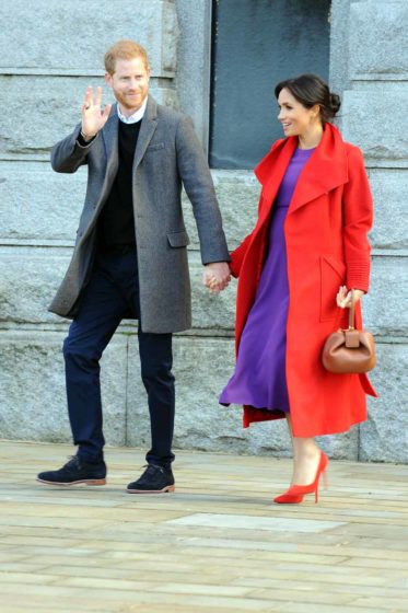 Harry Meghan Visit Birkenhead red coat purple dress