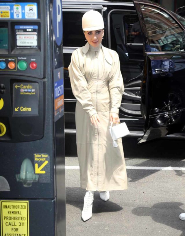 Lady Gaga out in Town in Beige Dress and Riding Helmet Equestrian Hat
