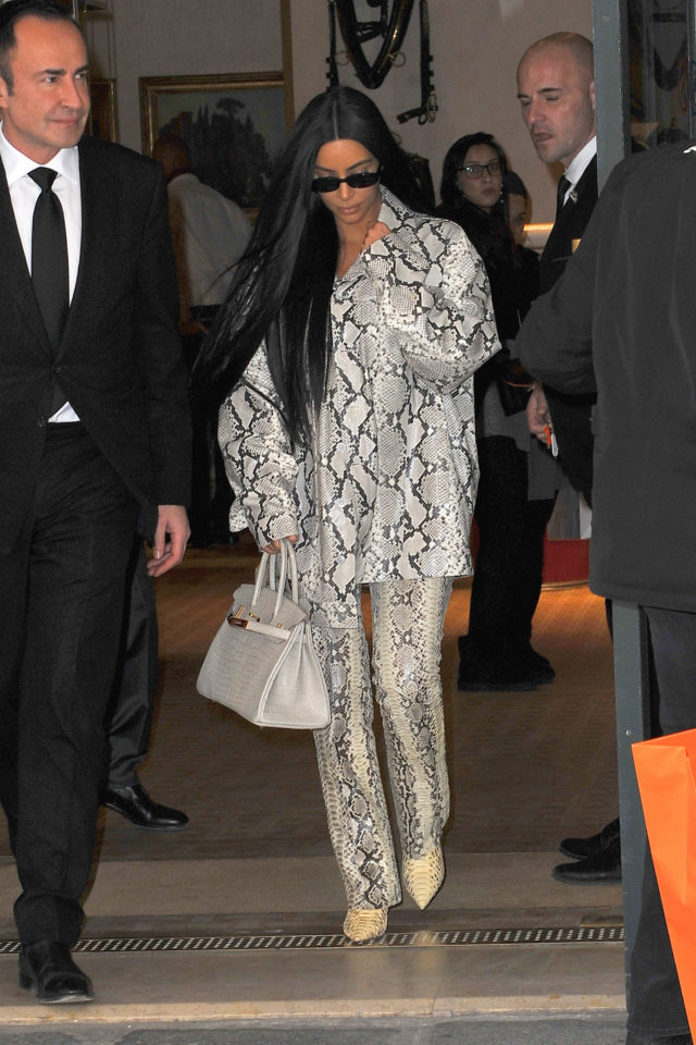 Kim Kardashian Outside of Hermes in Lizard Skin Jacket