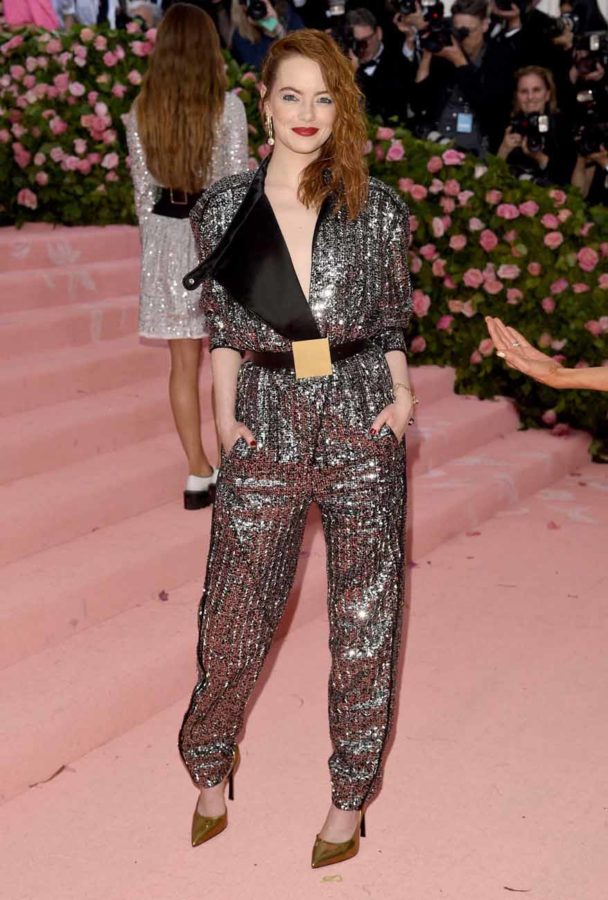 Emma Stone Wears a Shiny Louis Vuitton Jumpsuit to Met Gala 2019