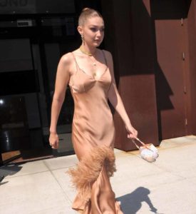 Gigi Hadid Leaves NYC Apartment in Long Brown Dress