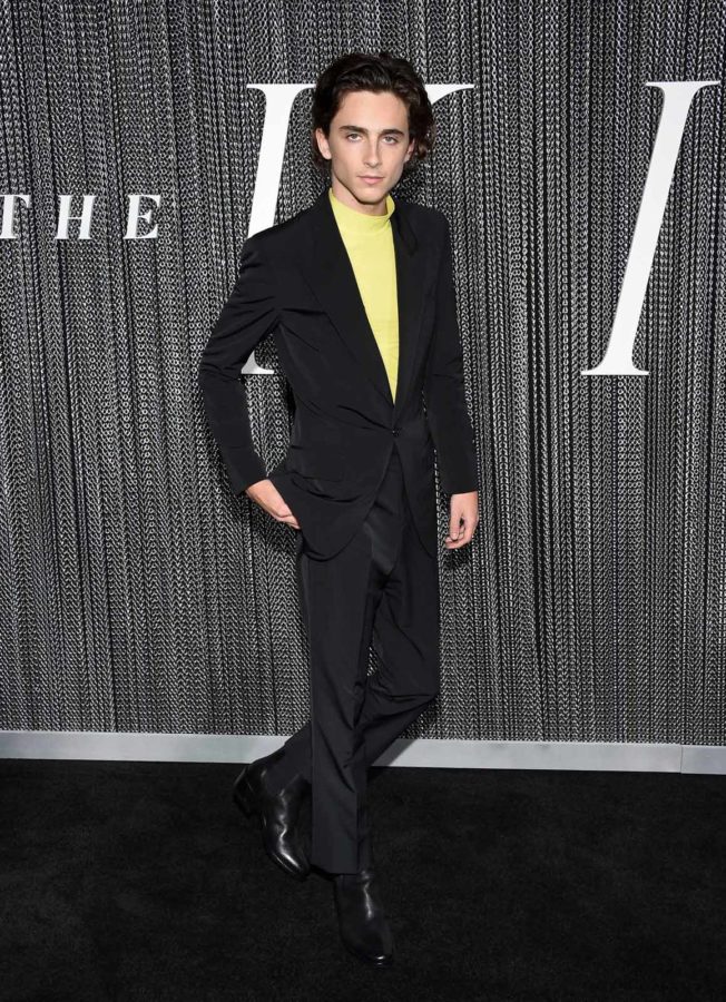 Timothée Chalamet en pantalon noir et harnais brillant Louis Vuitton