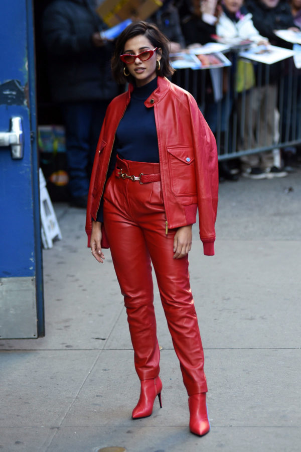 naomi scott charlie's angels red dress Red V-neck Sweater of Elena Houghlin (Naomi Scott) in Charlie's Angels