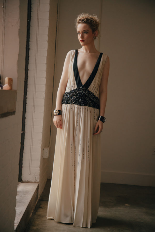 julia garner sheer dress Julia Garner Pleated Regency One-sleeve Prom Dress
