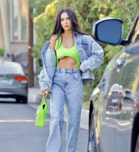 Exclusive - Megan Fox visits a friend in Brentwood wearing neon green swimsuit under her double denim, Los Angeles, California, USA - 29 Aug 2021