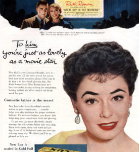 actress Ruth Roman posing for LUX soap advert, published in american magazine april 1956