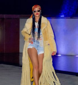 Exclusive - Rihanna Scouts Locations in Downtown LA for a Secret Project Wearing Floor Length Yellow Bottega Veneta Coat and Daisy Dukes, Los Angeles, California, USA - 07 Sep 2021