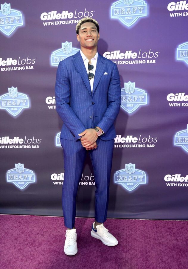 Garrett Wilson Joins the Jets in Prada & Pearls at NFL Draft 2022 –  Footwear News