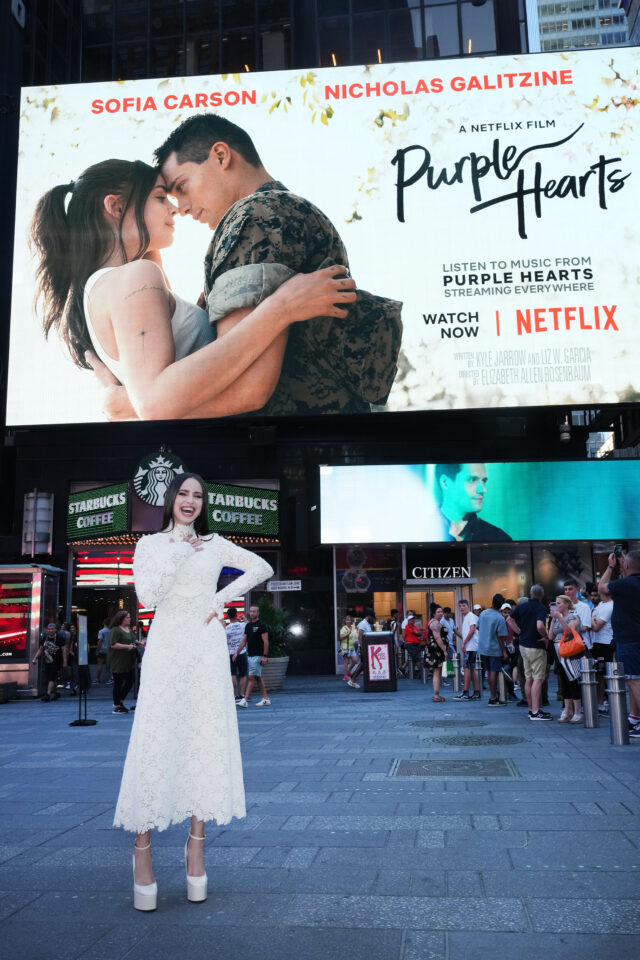 Sofia Carson visitng the billboard for her Netflix movie Purple Hearts in Times Square, New York, USA - 08 Aug 2022