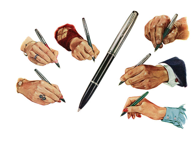 Six Hands Writing With Pens