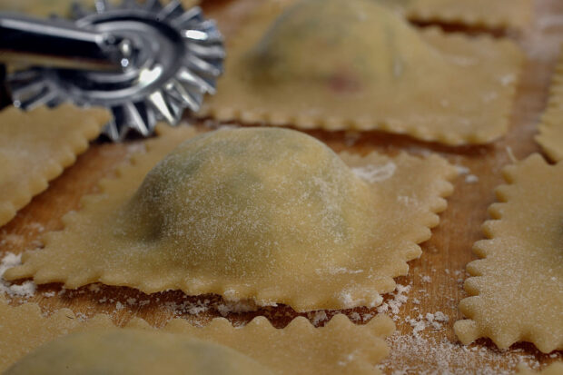 DETAIL of Beet Green Ravioli with Sage Butter, before cooking.