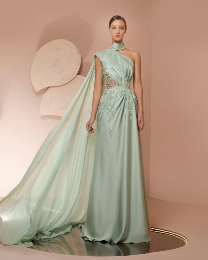 ziad nakad green dress Ziad Nakad Crepe Embroidery Slit Gown In Green
