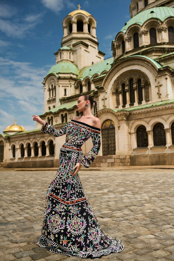 naeem khan resort dress STRETCH SEQUIN JEWEL NECK CAP SLEEVE FIT-AND-FLARE GOWN