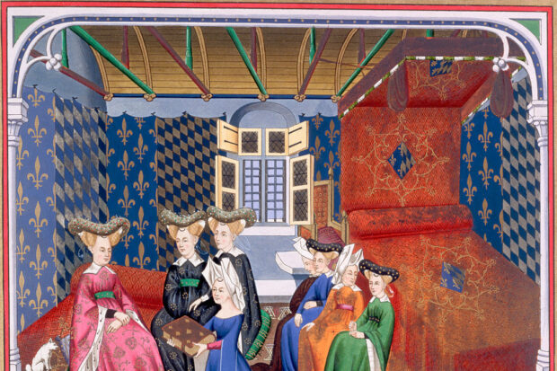 Medieval Illustration Depicting Christine de Pisan Presenting Manuscript to Isabel of Bavaria