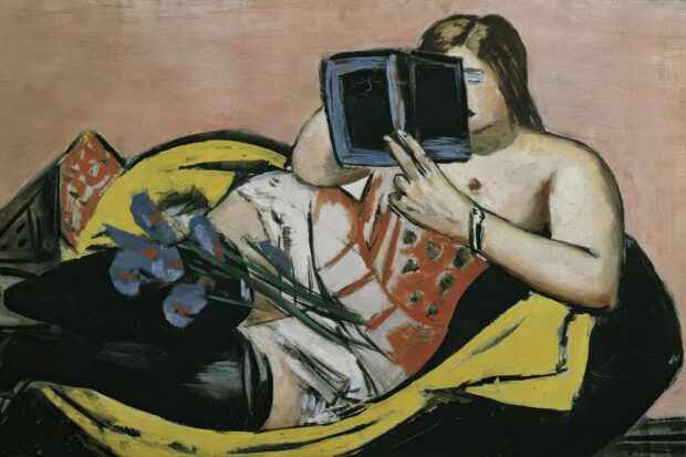 Lying Woman With Book And Irises